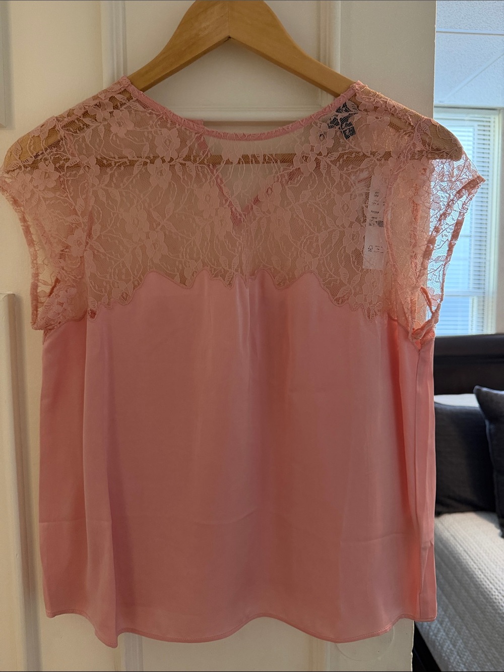 J. Crew Pink Lace Yoke Cap-Sleeve Blouse